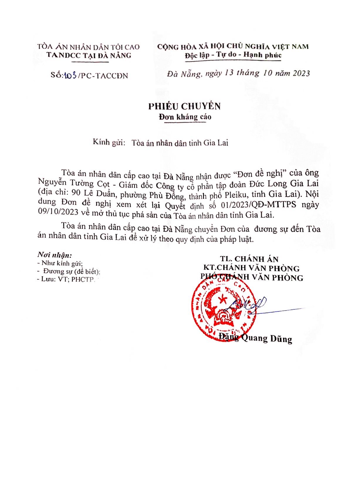 TÒA ÁN NHÂN DÂN TỐI CAO TẠI ĐÀ NẴNG ĐÃ THỤ LÝ ĐƠN KHÁNG CÁO CỦA TẬP ĐOÀN ĐỨC LONG GIA LAI