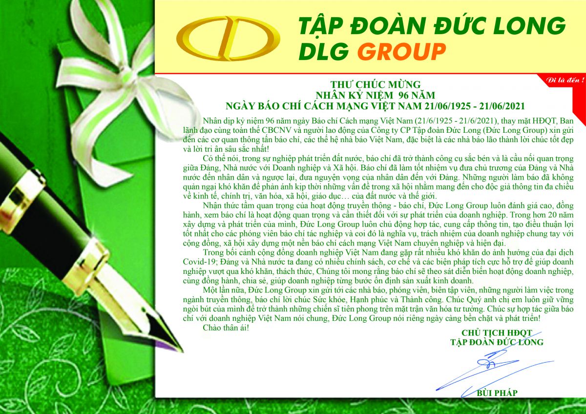 THƯ CHÚC MỪNG NHÂN KỶ NIỆM 96 NĂM NGÀY BÁO CHÍ CÁCH MẠNG VIỆT NAM 21/6/1925 - 21/06/2021