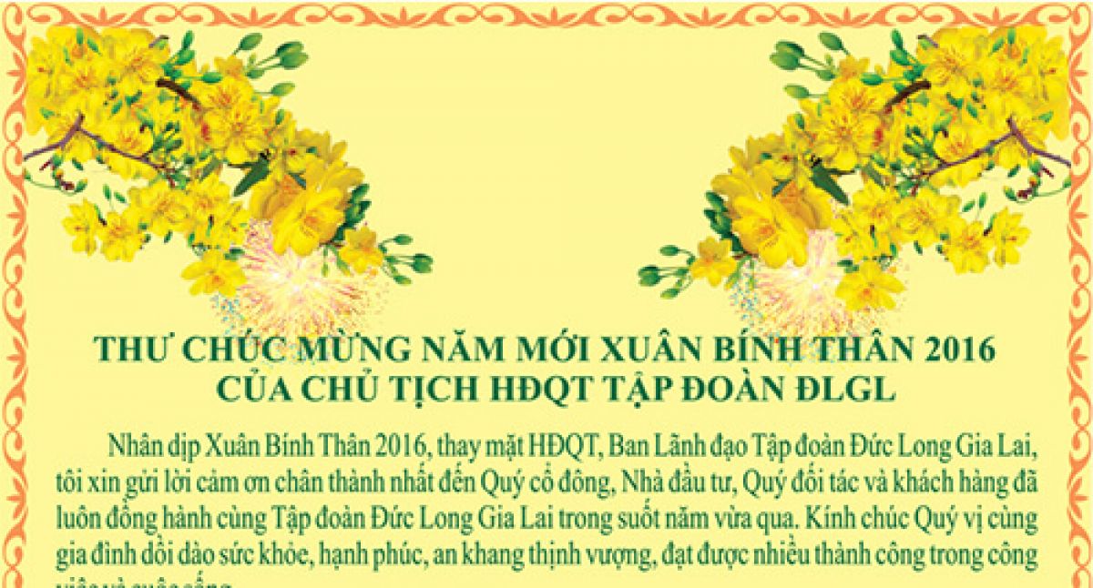 THƯ CHÚC MỪNG NĂM MỚI 2016 CỦA CHỦ TỊCH HĐQT TẬP ĐOÀN ĐỨC LONG GIA LAI